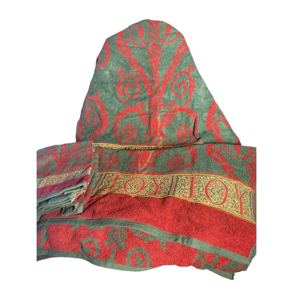 Santens Holiday Towels Set‎ Of 4 Green & Red 100% Cotton With Embroidered Joy